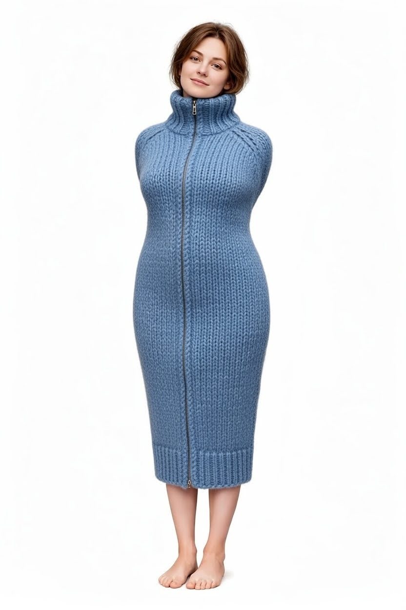Blue ribbed zip knit dress